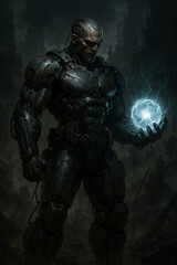 Fototapeta premium Futuristic cyborg soldier holding glowing energy orb in post apocalyptic cityscape with destroyed buildings and debris scattered around