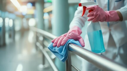 Healthcare worker cleaning metal railing