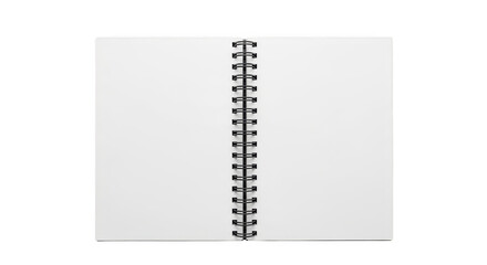 Opened notebook with blank pages and spiral binding on transparent background