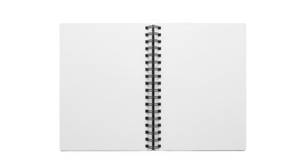 Opened notebook with blank pages and spiral binding on transparent background