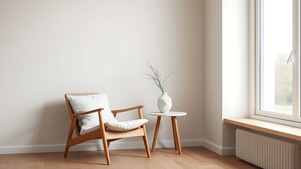 Minimalist Nordic-style chair and side table with a geometric vase, creating a serene living space.