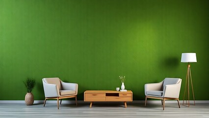 A green textured wall with stylish furniture, creating a calm and modern living space.