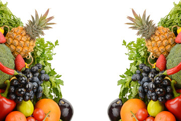 Collection fruits and vegetables isolated on a white background. Free space for text.