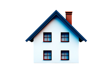 Charming 3D White House with Dark Blue Roof, Red Chimney, and Distinctive Red-Framed Windows.