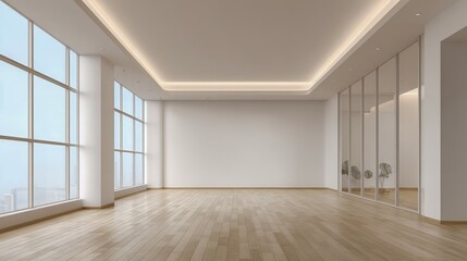 Obraz premium Bright Empty Interior Space with Large Windows and Wooden Floors for Commercial or Residential Use