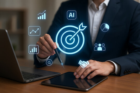 Businessman using ai for business target, digital strategy, analytics, technology, innovation, goal achievement, data analysis - Powered by Adobe
