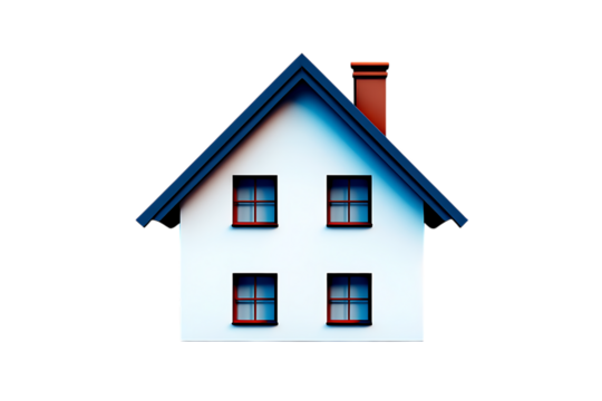 Charming 3D White House with Dark Blue Roof, Red Chimney, and Distinctive Red-Framed Windows.