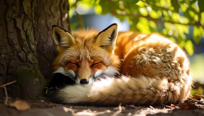 Obraz premium Sleepy red fox under a tree
