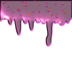 Dripping pink frosting with colorful sprinkles on white background  