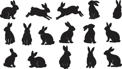 Rabbit silhouette set, bunny animal vector, hare sitting and running poses, wildlife black shapes, nature art design, animal graphic illustration collection