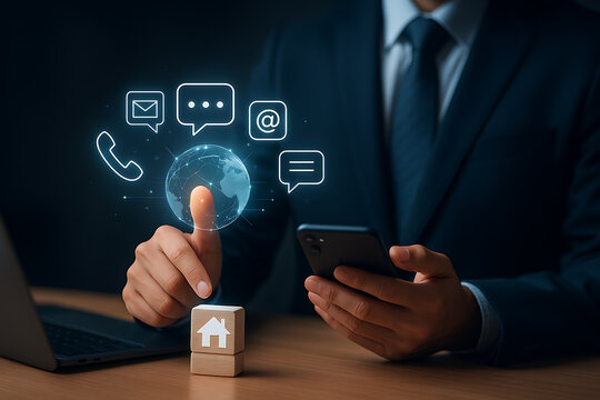 Businessman using smartphone with global communication icons, real estate and digital networking concept - Powered by Adobe