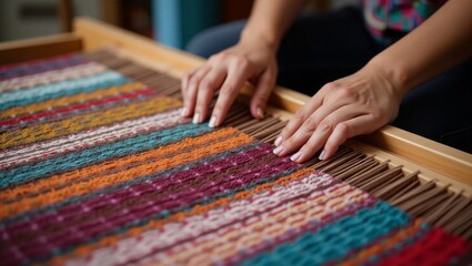 Artisan Hand Weaving Vibrant Multicolored Fabric – Traditional Textile Craftwork Close-Up