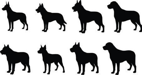 Dog silhouette collection, black canine shapes, pet dog vector, guard dog outline, domestic animal graphic, working dog breed shadow illustration