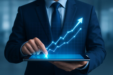 Businessman using tablet with digital growth chart, upward arrow, and financial success in modern technology