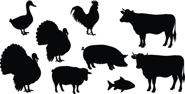 Farm animal silhouettes, black livestock shapes, cow pig sheep turkey duck rooster fish vector, rural farm animals graphic design illustration