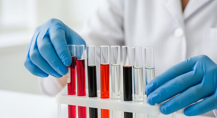 Scientist's gloved hands carefully manage diverse liquid samples in test tubes for laboratory analysis
