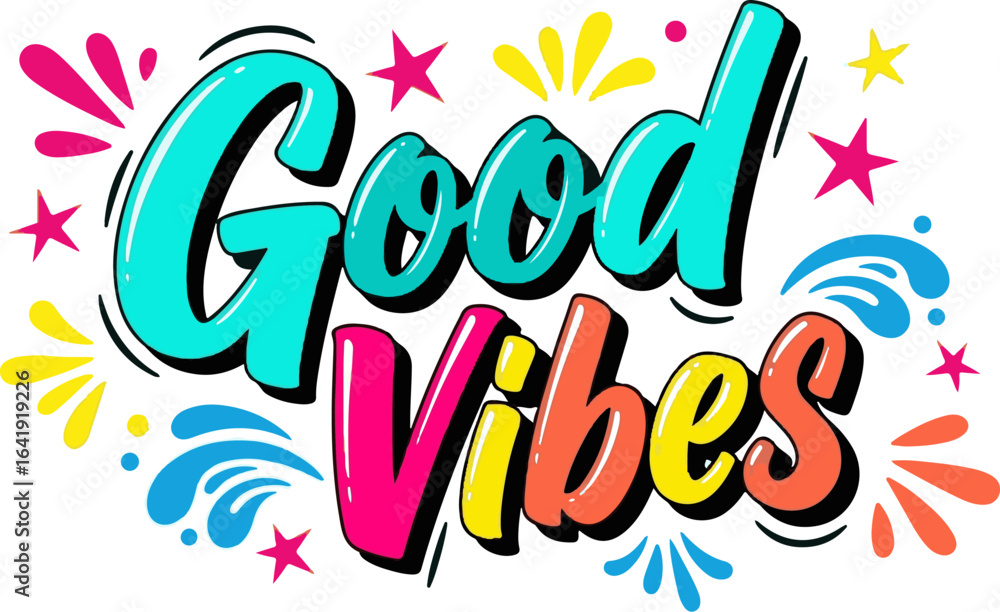 Poster vector art of good vibes text art with colorful elements isolated on white background