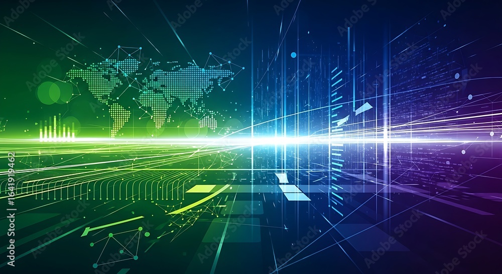 Poster digital world map with data streams and geometric shapes in green blue and purple gradient colors