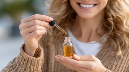 Fototapeta premium An attractive woman smiles while applying essential oil with a dropper, bathed in warm golden hour light in a serene setting