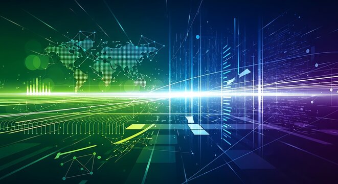 Digital world map with data streams and geometric shapes in green blue and purple gradient colors