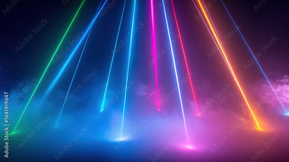 Poster vibrant laser beams radiating through fog, creating a mesmerizing and colorful display of light