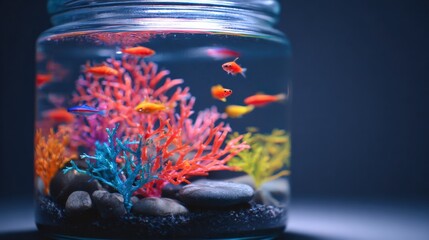 Small Aquarium in Glass Jar with Tropical Fish and Coral Replicas for Home Decor
