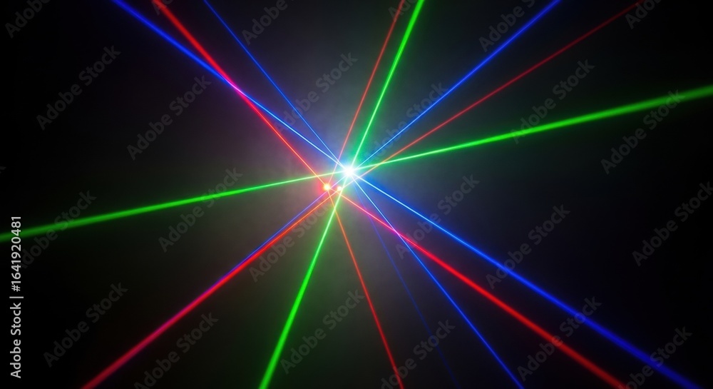 Poster bright laser light beams intersect on dark background. abstract digital data concept. future technol