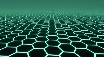 Glowing green hexagonal grid abstract background. Digital data visualization with futuristic cyberspace network pattern for technology concept.