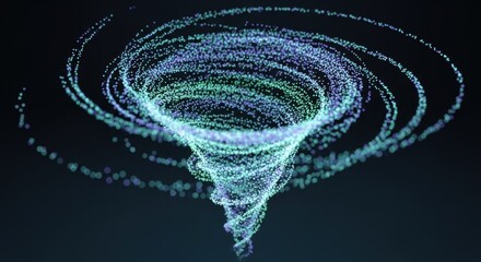 Abstract vortex of light particles swirling on a dark background. Data flow stream concept visualization. Futuristic information.