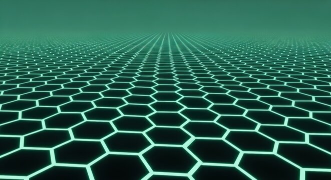 Glowing green hexagonal grid abstract background. Digital data visualization with futuristic cyberspace network pattern for technology concept.