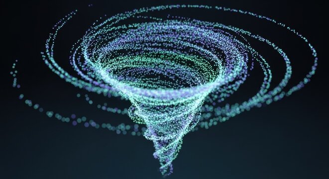 Abstract vortex of light particles swirling on a dark background. Data flow stream concept visualization. Futuristic information.