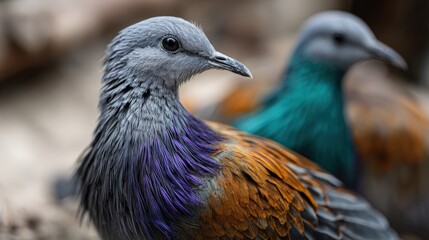 Obraz premium Close-up of two colorful birds with intricate plumage.