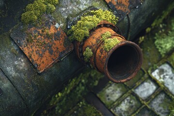 Rusty Pipe Overgrown with Moss: Nature Reclaims Industry