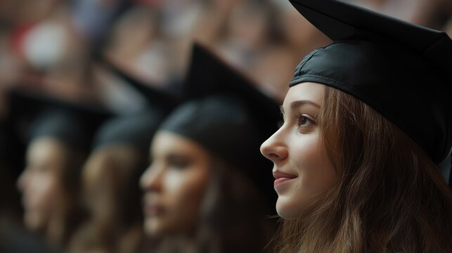 A graduate in cap and gown, focused during a ceremony with peers in the background.
