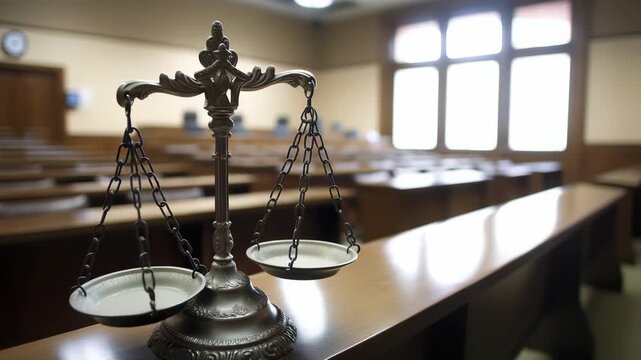 Photograph depicts scales justice within silent confines courtroom, where order is key. The scales, crafted from gleaming bronze, sit perched upon table