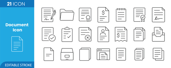 Collection of document line icon vector illustration with editable stroke. document, file, paper, report, contract, agreement, legal, business line icon