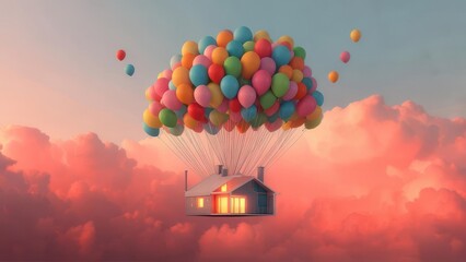 Fototapeta premium House floats on colorful balloons
