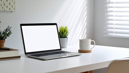 Laptop with Blank White Screen on Modern Minimalist Office Desk