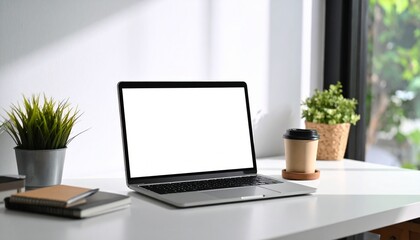Laptop with Blank White Screen on Modern Minimalist Office Desk