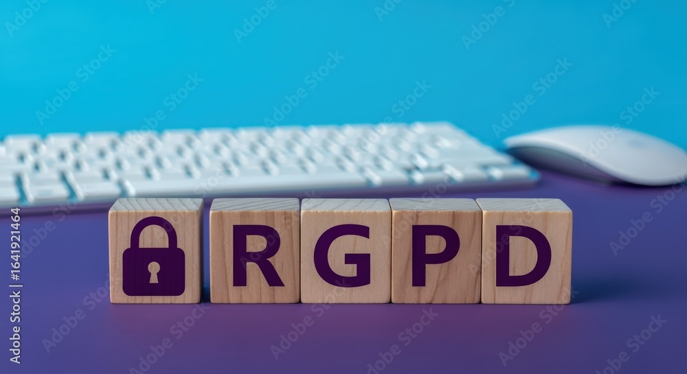 Poster data protection regulation concept: gdpr letters on wooden blocks with padlock symbol and computer a