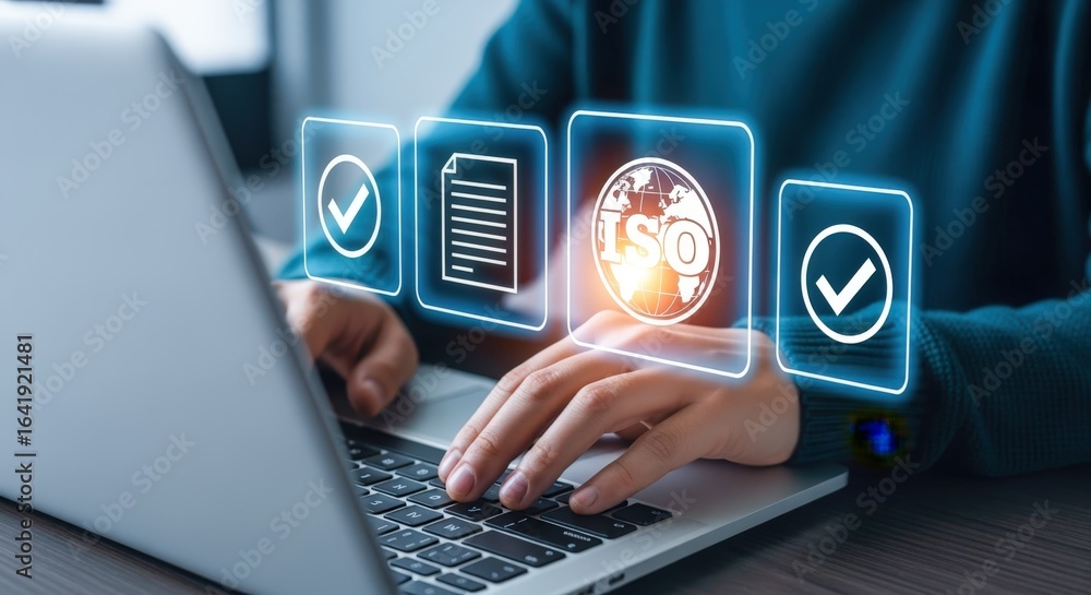 Poster quality control and compliance: person using laptop with digital standard icons displayed, represent