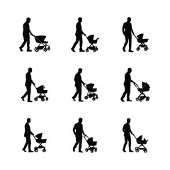 Fototapeta premium Man pushing a baby stroller silhouette set