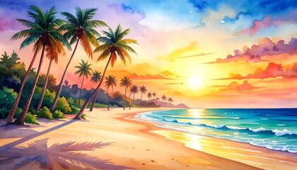 Tropical beach at sunset, vibrant colors