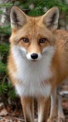 Obraz premium Intriguing fox gazes at the viewer while relaxing beside a tree in a vibrant, serene forest environment