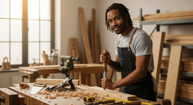 African American carpenter working with a chisel in his workshop. Portrait of a black craftsman with dreadlocks building furniture. Copy space for text.