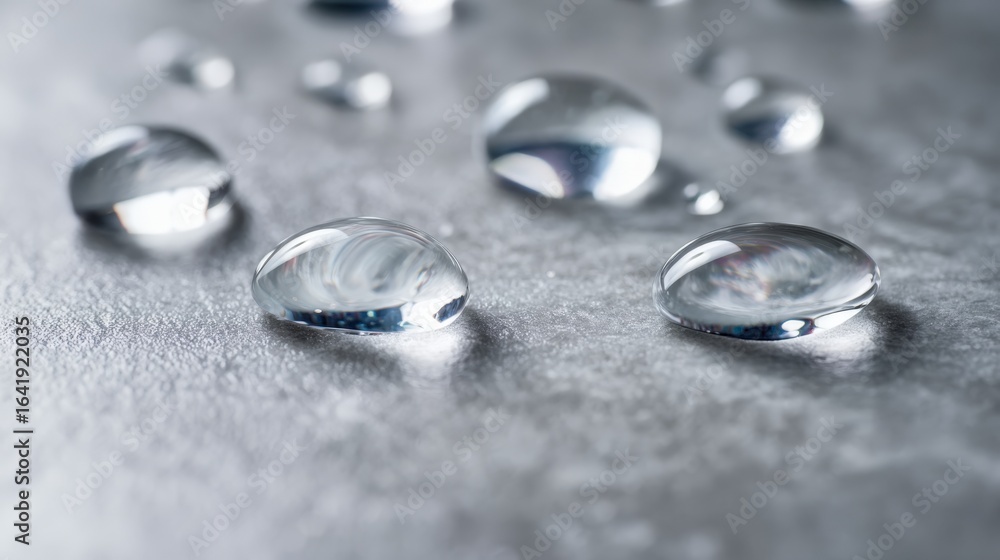 Poster macro image of clear water droplets on a textured silver surface, reflecting light and creating abst