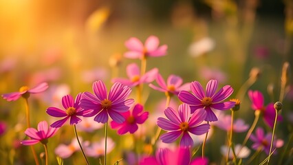 A field of bright cosmos flowers bathed in warm sunlight, creating a dreamy and vibrant scene.