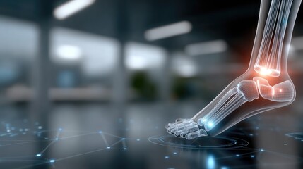 Glowing lines link feet to the brain in a dark space, highlighting a detailed medical illustration with volumetric lighting