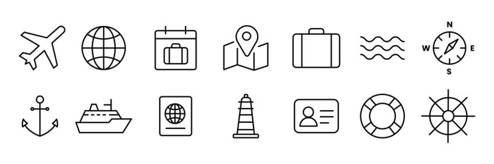 Collection of travel line icon vector. journey line icon editable stroke symbol
