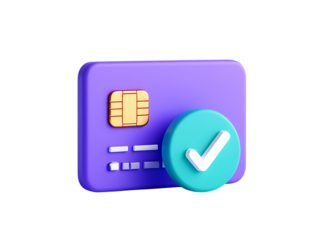 Glossy Purple 3D Credit Card with a Green Checkmark Circle, Signifying Secure Payment